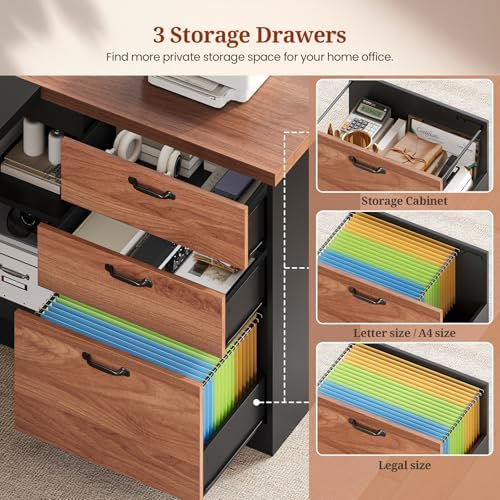 UPOSOJA 78.7" L Shaped Executive Desk with Power Outlets, Extra Large Office Desk with Drawers & File Cabinet, Modern Corner Computer Desk with Storage Shelves, Business Furniture, Walnut & Black