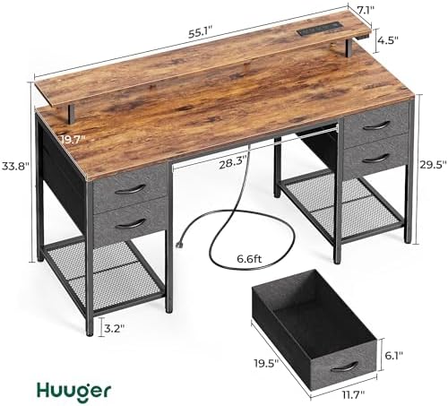 Huuger 55 inch Computer Desk with Power Outlets & 4 Drawers