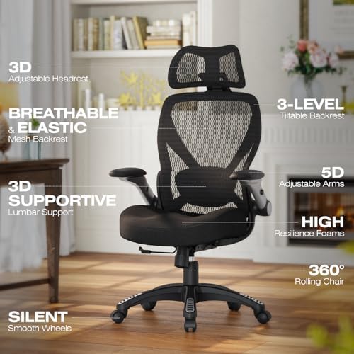 ELABEST X100 Ergonomic Mesh Office Chair, Big and Tall Home Desk Chair with 5D Flip-Up Arms, Adjustable 3D Lumbar Support, Gaming & Executive Computer Chair