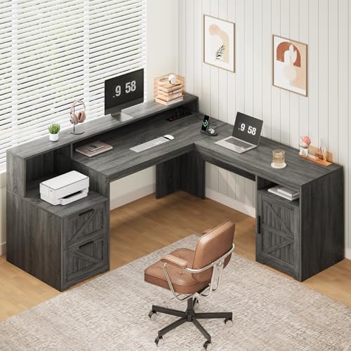 63" Farmhouse L Shaped Desk with Drawers & Printer Shelf for Home Office