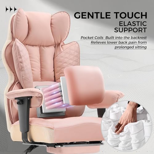 GTPLAYER Big and Tall Gaming Chair 400lbs Heavy Duty Office Chair with Foot Rest & Ergonomic Pocket Spring Lumbar Support, High Back 3D Saddle Shaped Cushion for Back Pain Relief, Pink