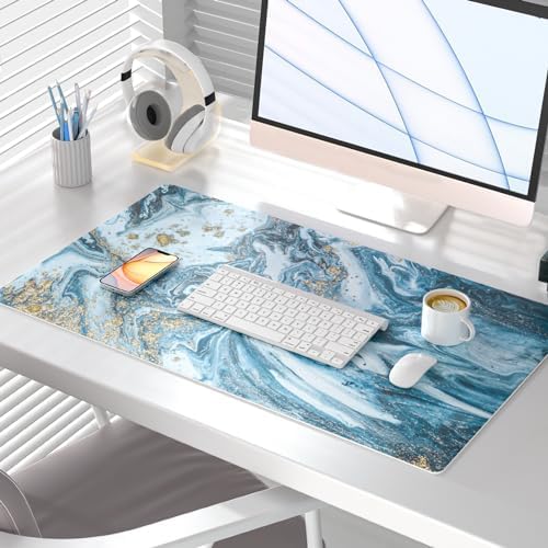 QiyI PU Leather Large Mouse Pad, Office Decor, 31.5" x 15.7", Blue Marble