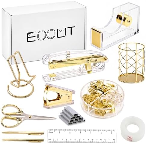 EOOUT Gold Office Supplies Set Desk Accessories, Acrylic Stapler Set Staple Remover, Phone Holder, Tape Holder, Pen Holder, 2 Ballpoint Pen, Scissor, Binder Clips, Ruler, Transparent Glue and Staples.