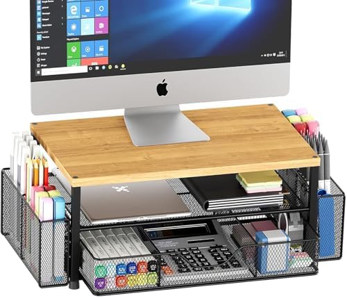 OPNICE Desk Organizers and Accessories, Computer Monitor Stand Riser with Drawer and 2 Pen Holders, Printer & Laptop Stand, Office Desk Accessories & Workspace Organizers for Home Office Supplies, Oak