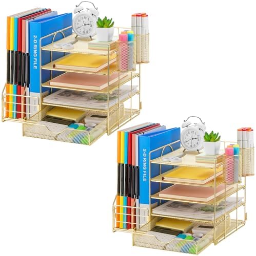 Marbrasse Desk Organizer with File Holder, 5-Tier Paper Letter Tray Organizer with Drawer and 2 Pen Holder, Mesh Desktop Organizer and Storage with Magazine Holder for Office Supplies (Gold 2p)