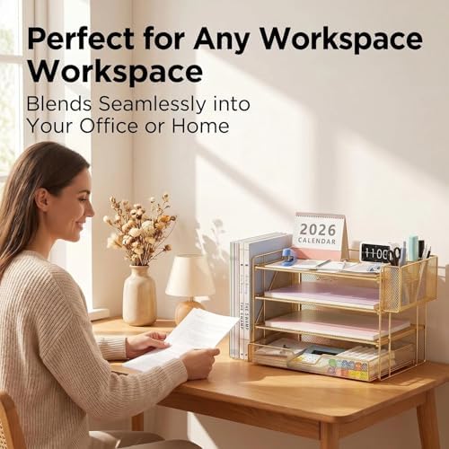 OPNICE Desk Organizers and Accessories, 4-Tier Desktop File Organizer with Drawer and Pen Holders, Office Desk Accessories Workspace Organizers for Office Supplies (Gold)