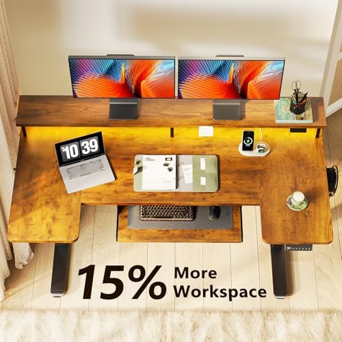 OffiGo 55 Inch U Shaped Standing Desk with Keyboard Tray, Rustic Brown