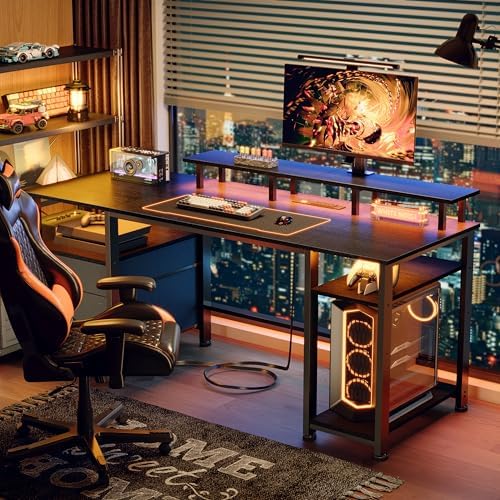 Furologee 61" Gaming Desk with Outlets & LED, Large Computer Desk, Black