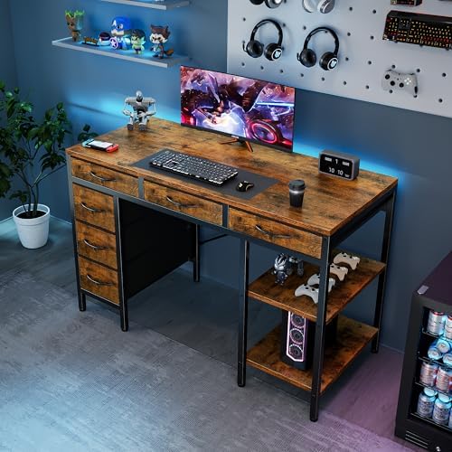 OLIXIS 47 Inch Computer Desk with 6 Fabric Drawers, for Home Office Work