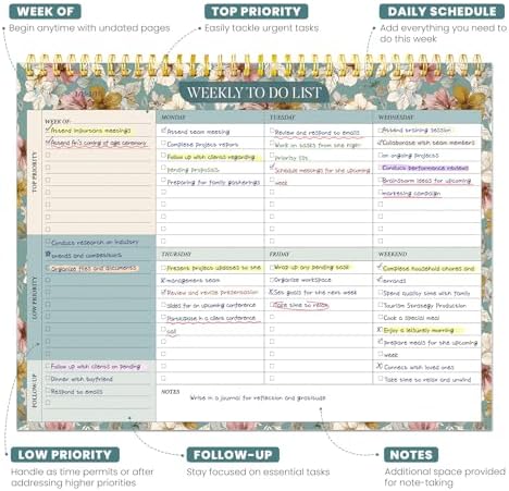 Weekly To Do List Notepad with 52 Undated Sheets（8.5"×11"）- Undated Weekly Planner Notepad for Office Desk Accessories and Supplies - Teal Petals