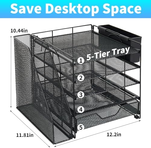 5-Tier Desk File Organizer with Drawer & Pen Holder (Black)