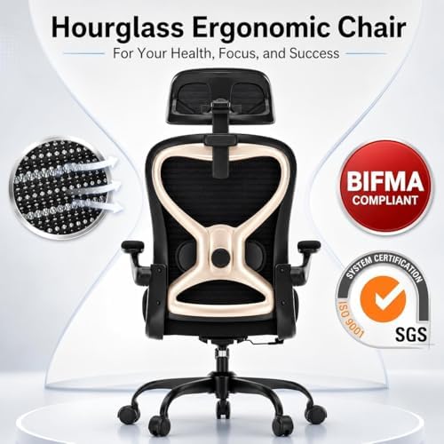 Ergonomic Office Chair, Mesh Desk Chair with Headrest, Lumbar Support, Thick Seat Cushion, Flip-up Arms, High Back Computer Task Chairs for Home Office, Black/Gold