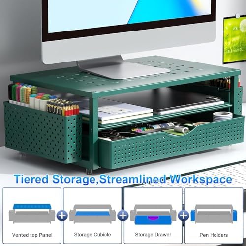 gianotter Desk Organizers and Accessories, Monitor Stand with Drawer and 2 Pen Holder, Desktop Organizer Suitable for Offices and Dormitories (Green)