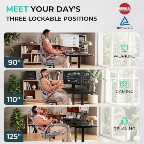 CAPOT Ergonomic Mesh Office Chair, Adjustable Lumbar High Back Desk Chair 400lbs, 4D Flip-up Arms, 3 Tilt Backrest, 3D Headrest, PU Wheels, Swivel Rolling Computer Seating for Long Desk Work - Grey