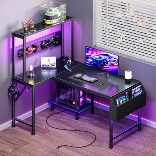 PRAISUN L Shaped Gaming Desk with LED Lights & Power Outlets