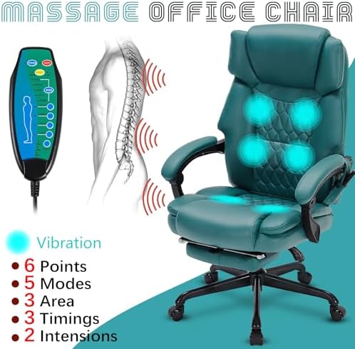 Massage Office Chair with Foot Rest 6 Points Vibration and Heat Home Office Desk Chairs for Heavy People 400lbs Reclining Managerial Chairs Ergonomic Executive Chair (Teal Blue)