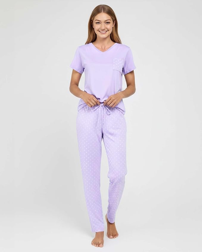 Real Essentials 2 Pack: Women's Comfy Pajama Sets - Short & Long Sleeve Ladies Loungewear Sleepwear PJs (Available In Plus)
