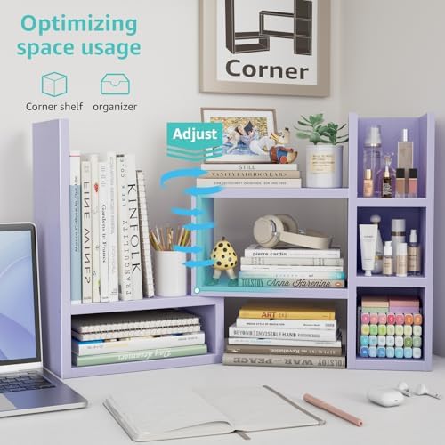 NUTIKAS Desk Shelves Desktop Organizer Shlef - Purple Office Organization for Top of Desk Organizers and Accessories Corner Bookshelf Table Top Shelving Small Hutch Decorations for Women Office