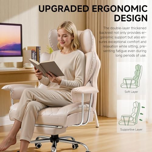 COMHOMA Big and Tall Office Chair, High Back Leather Gaming Chair with Footrest, Executive Ergonomic Office Chairs with Pocket Spring Lumbar Support and with Outward Fixed Soft Armrests