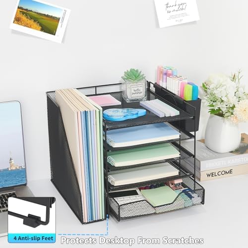 5-Tier Desk File Organizer with Drawer & Pen Holder (Black)