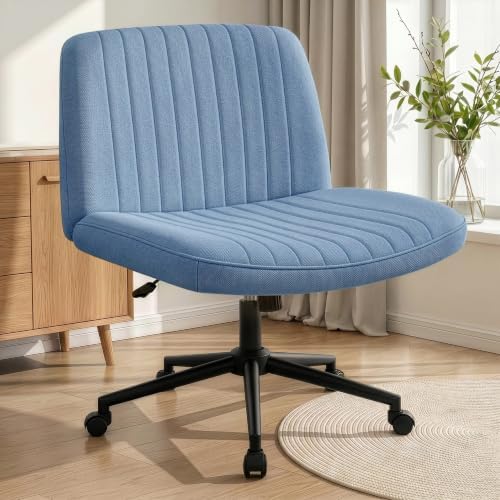 NEO CHAIR Criss Cross Chair with Wheels Armless Cross Legged Office Desk Wide Comfy Vanity Makeup Chair Adjustable Swivel Rolling Computer for Home Office Fabric (Blue)
