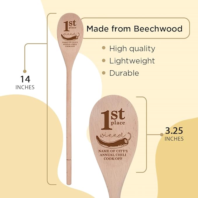 1st, 2nd and 3rd Place Winner-14 Inch Kitchen Spoons Set of 3, Personalized Custom Engraved in USA, Wooden Cooking Utensils, Chili Cook Off Showcase Party Prizes Contest Favor (Chili)