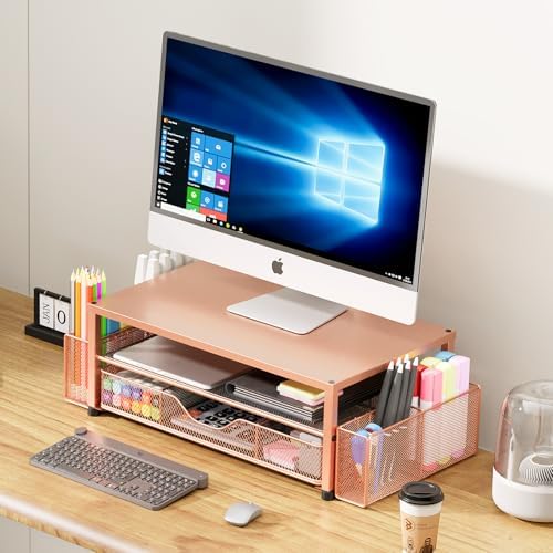OPNICE Desk Organizer and Accessories, 2-Tier Computer Monitor Stand Riser with Drawer and 2 Pen Holders, Laptop Stand, Office Desk Accessories for Office Supplies, Rose