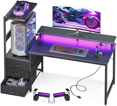 AODK 52 Inch Gaming Desk with USB Charging Ports & LED Light- Reversible Computer Desk with Storage Shelves & Monitor Stand, Modern Gamer Desk Table with Fabric Drawers, Black