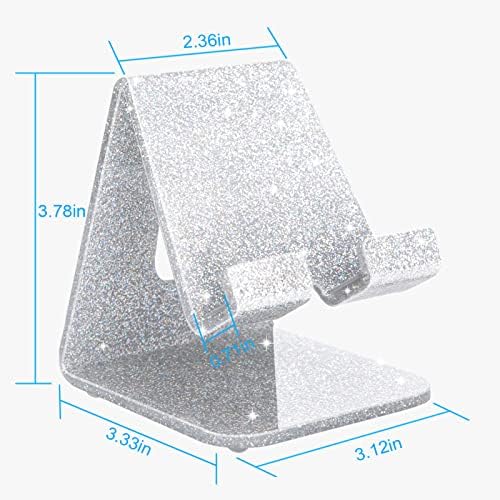 Crpich Acrylic Cell Phone Stand, Portable Phone Holder, Phone Stand for Desk, Compatible with Phone16 15 14 13 12 Pro Max Mini 11 Xr Plus SE, Switch, Android Smartphone, Pad, Tablet, Glitter Silver