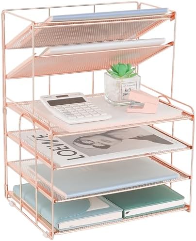 OPNICE Desk Organizer, 6-Tier Paper Organizer Letter Tray, Rose Gold