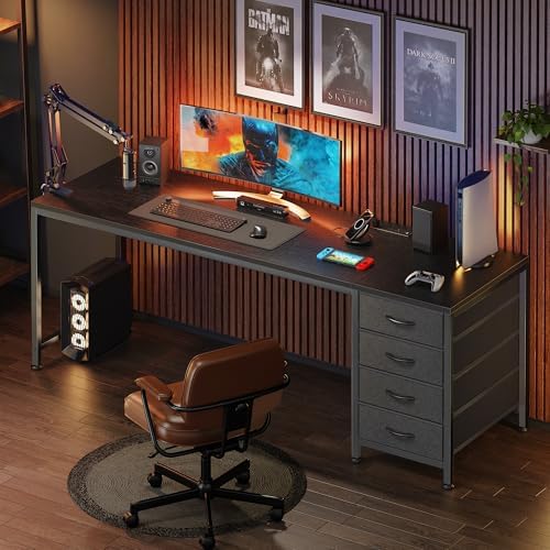 PRAISUN 63 Inch Computer Office Desk with Power Outelts and USB-C Port, Reversible Gaming Desk with 4 Fabric Drawers, Work Study Desk Work from Home, Black