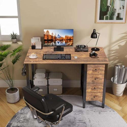 Lufeiya 40 inch Computer Desk with 4 Fabric Drawers, Kids Student Reversible Small Desks for Home Office Small Space, Work PC Desk Table for Bedroom, Rustic Brown