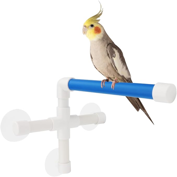 Hypeety Portable Suction Cup Bird Window and Shower Perch Toy Parrot Stand | 3 strong suction cups, parrot bath perch, easy to install, fits windows/shower tile, for budgies/parakeets/lovebirds, blue