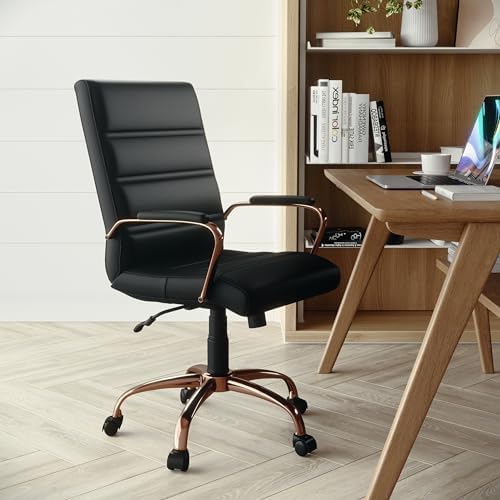 Flash Furniture Mid-Back Black LeatherSoft Executive Swivel Office Chair with Rose Gold Frame and Arms