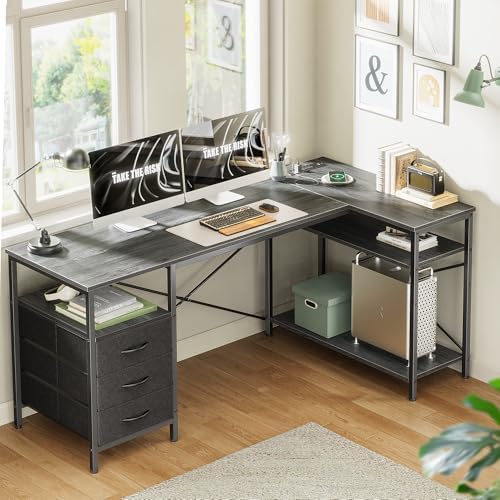 Huuger L Shaped Office Desk with Power Outlets & 3 Drawers