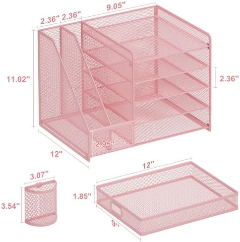 Marbrasse Desk Organizer with File Holder, 5-Tier Paper Letter Tray Organizer with Drawer and 2 Pen Holder, Mesh Desktop Organizer and Storage with Magazine Holder for Office Supplies(Pink)