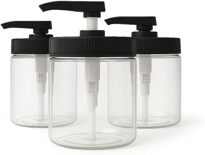 Royal Massage 16oz Refillable Pump Jar with Locking Dip Tube Dispenser – BPA-Free Plastic Container for Massage Oils, Lotions, Creams – Ribbed Lid Wide-Mouth Jar – Durable & Reusable (Clear/Black, 3)