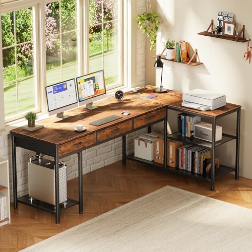PRAISUN 63 Inch L Shaped Office Desk with Power Outlets and Type-C Port, Large Computer Gaming Desk with 3 Fabric Drawers, Mesh Shelves, Corner Study Work Writing Desk, Rustic Brown