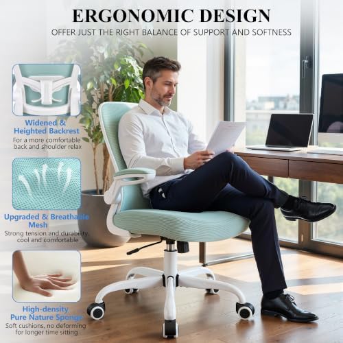 FelixKing Office Chair, Ergonomic Desk Chair Breathable Mesh Chairs Adjustable High Back Lumbar Support Flip-up Armrests, Executive Rolling Swivel Comfy Computer Chairs Home Office Light Blue
