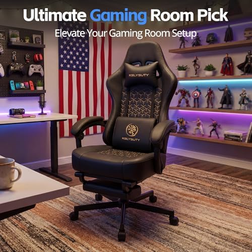 Desk Computer Gaming Chair - Ergonomic Game Office Chair with Extended Footrest and Massage Lumbar Support, Home Gamer Video Game Chairs with Spring Cushion for Adults (Pro Black Leather)