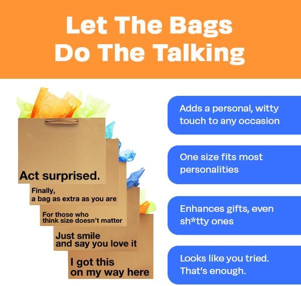 MilkToast Brands Funny Gift Bags Set of 5 – Large 16 x 6 x 12 inch Kraft Gift Bags with Snarky Sayings – Reusable, Eco-Friendly Gag Gift Wrapping for Birthdays, Holidays, Mother's Day, Father's Day