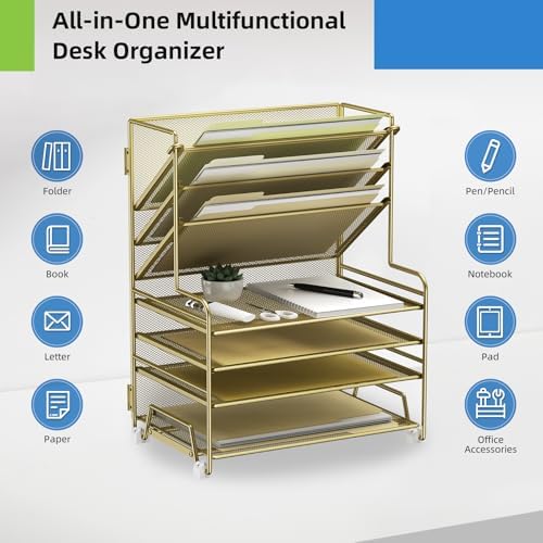 MINDEPOT 4-Tier Paper Organizer + 3-Pocket File Holder + Drawer + Pen Holders, Desktop File Organizers Paper Tray for Office Supplies School Classroom Organization (Gold, no Drawer & Pen Holder)