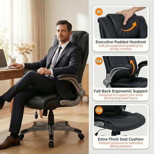 COLAMY Ergonomic Executive Office Chair, High Back Desk Chair with Adjustable Lumbar Support, Flip-Up Armrests & Thick Seat Cushion, 90°–110° Reclining Computer Chair for Home Office