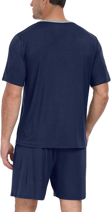 PrinStory Men's Pajama Set Sleepwear Pjs Lightweight Quick Dry Short Sleeve V-Neck Shirts and Shorts Soft Comfy Sleep Sets