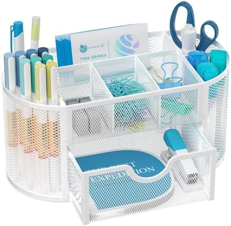 Mesh Desk Organizer with Drawer, 9-Compartment Pen Holder for Desk, White