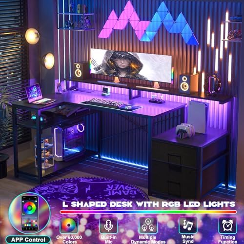 Aheaplus L Shaped Desk with File Drawer, Reversible L Shaped Gaming Desk