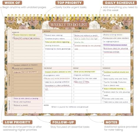 Weekly To Do List Notepad with 52 Undated Sheets（8.5"×11"）- Undated Weekly Planner Notepad for Office Desk Accessories and Supplies - Toffee Blossom