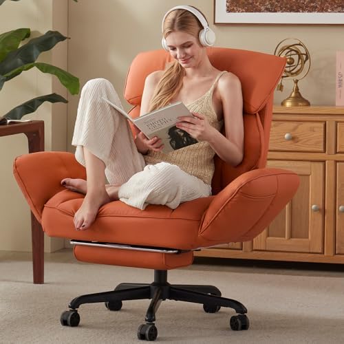 Dowinx Cross Legged Office Chair with Pivoting Armrests,Criss Cross Chair with Pocket Spring Seat & Back,Reclining Computer Gaming Chair with Footrest and Metal Base (Orange)