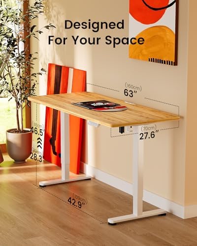 ErGear Height Adjustable Electric Standing Desk, 63 x 28 Inches Sit Stand up Desk, Memory Computer Home Office Desk, Light Vintage Brown
