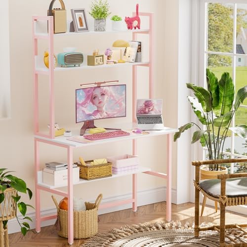 Aquzee 40 Inch Pink Desk with Shelves, Computer Desk with Hutch